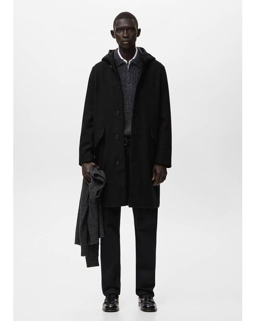 Mango Black Wool Blend Hooded Coat for men