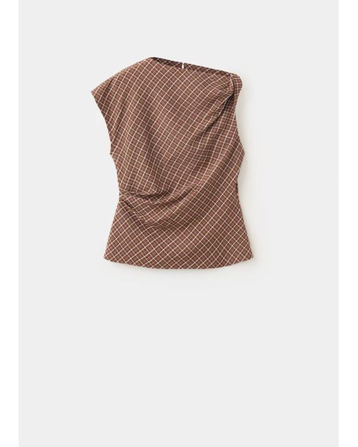 Mango Brown Asymmetric Checked Blouse