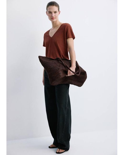 Mango Red V-Neck Linen T-Shirt