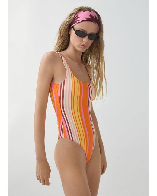 Mango White Stripes Print Swimsuit