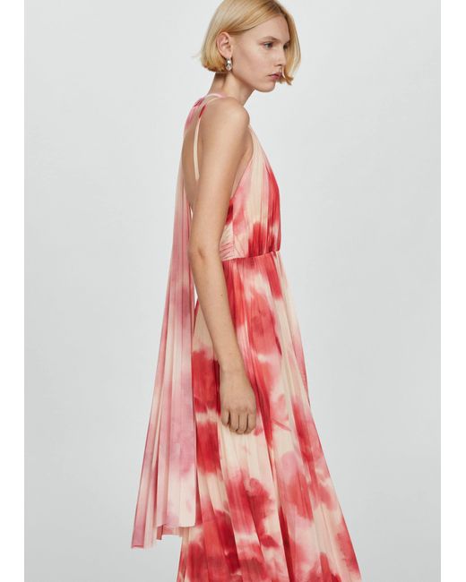 Mango Red Printed Pleated Dress Coral