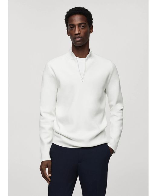 Mango White Zipped High Collar Sweater for men