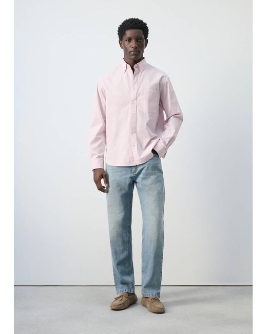 Mango Pink 100% Cotton Relaxed Fit Striped Shirt for men
