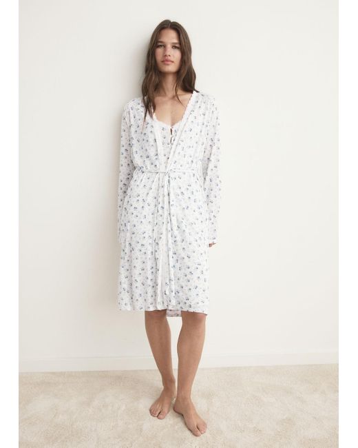 Mango White Floral-Print Dressing Gown With Lace Trim