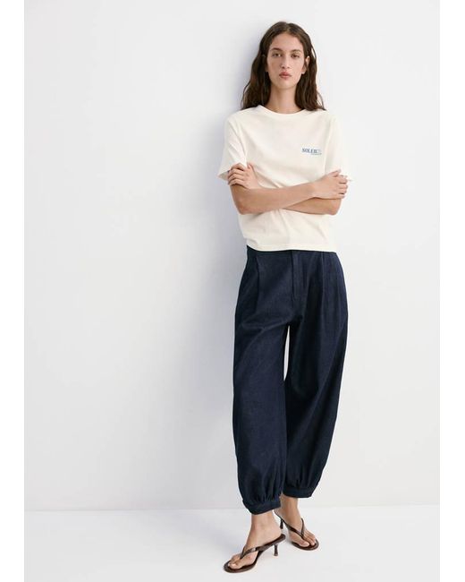 Mango Blue Printed Cotton-Blend T-Shirt