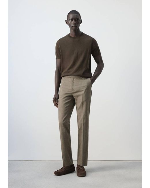 Mango Brown Regular Fit Houndstooth Linen Blend Trousers for men