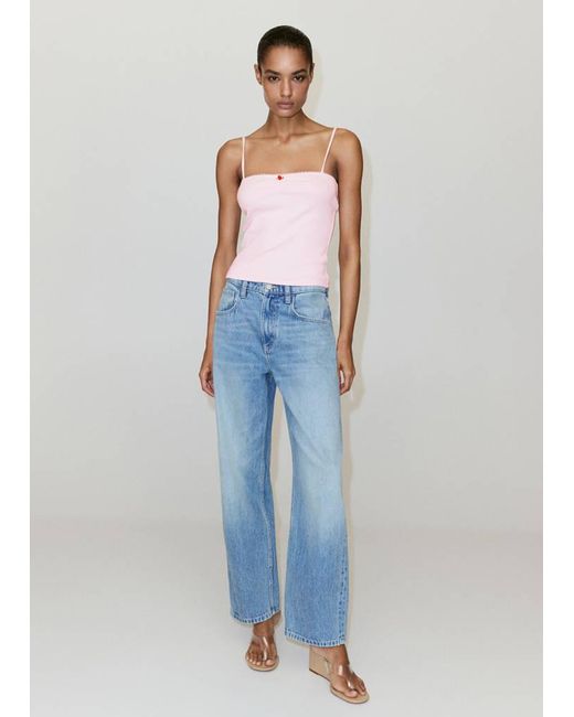 Mango Blue Ribbed Embroidered Top
