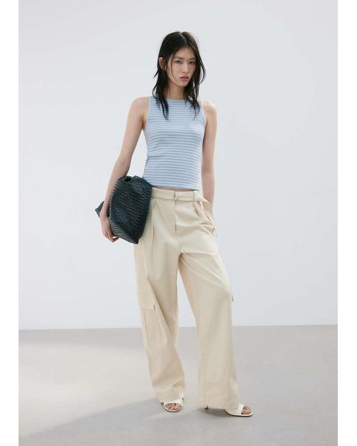 Mango White Ribbed Cotton-Blend Top
