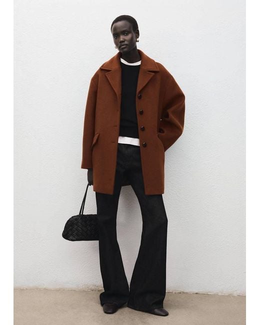 Mango Brown Wool-Blend Coat With Button Fastening