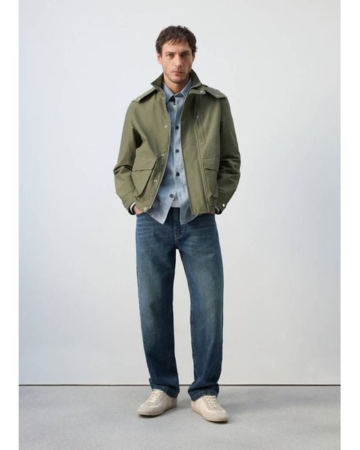 Mango Green Water-Repellent Bomber Jacket With Detachable Hood for men