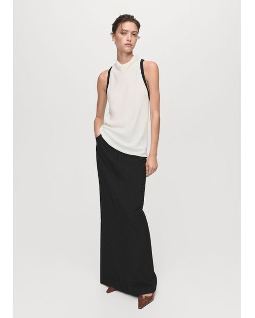 Mango White Blouse With Draped Collar And Contrasting Trim