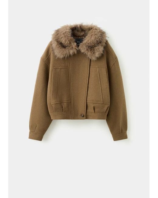 Mango Blue Wool Blend Jacket With Fur Collar