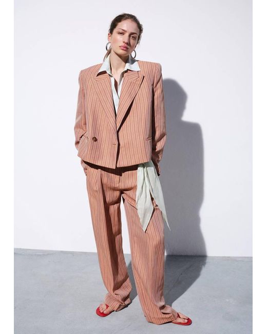 Mango Pink Linen Cropped Striped Blazer