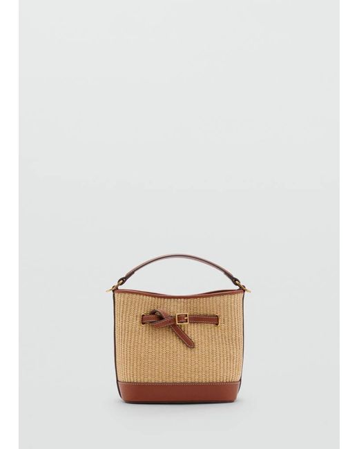 Mango White Raffia-Effect Bucket Bag Leather