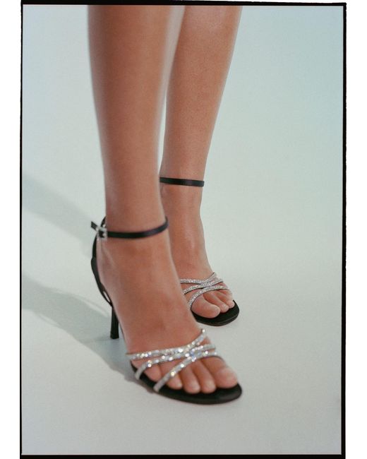 Mango White Heeled Sandals With Rhinestone Straps