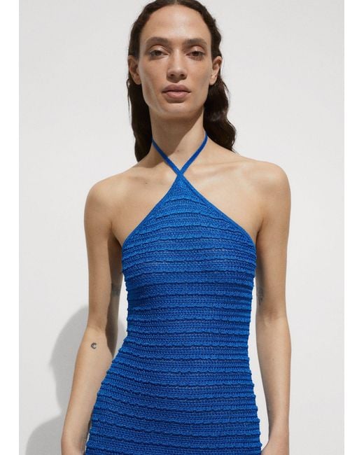 Mango Blue Halter Neck Lurex Knit Dress Vibrant