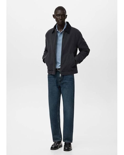 Mango Blue Quilted Jacket With Corduroy Collar for men