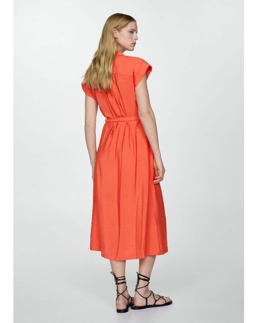 Mango Red Shirt Dress With Bow Texture Coral