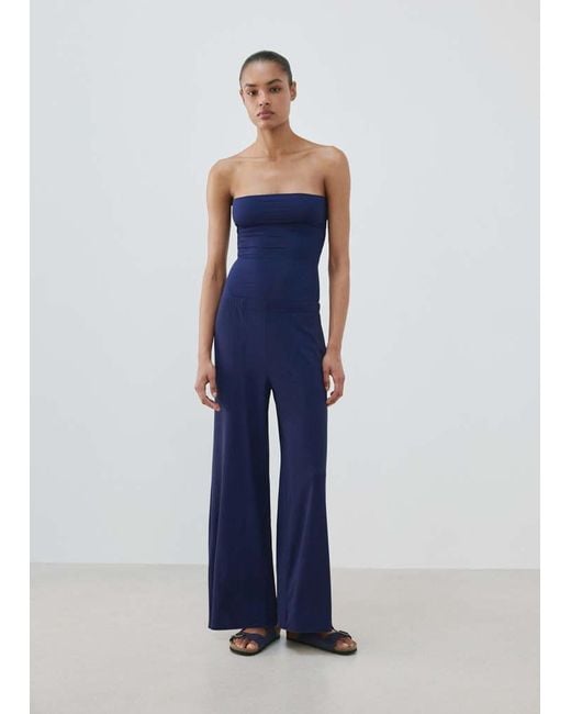 Mango Blue Elastic Waist Flowy Trousers