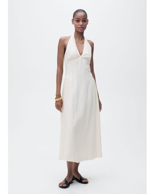 Mango White Halter-Neck Linen Dress