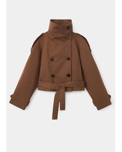 Mango Brown Double-Breasted Cropped Trench Coat