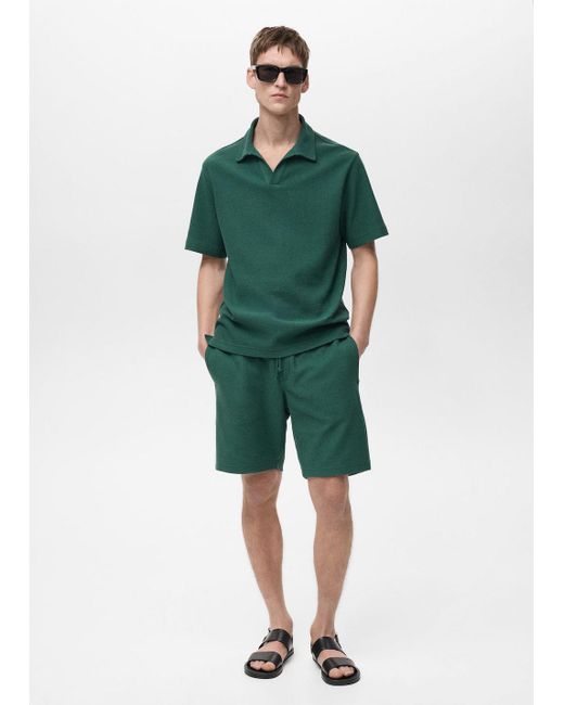 Mango Green Textured Cotton Bermuda Shorts With Drawstring for men
