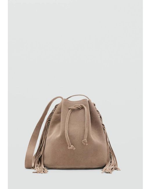 MANGO TEEN Natural Fringed Leather Bucket Bag