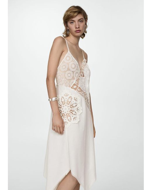 Mango White Asymmetrical Dress With Embroidered Panels