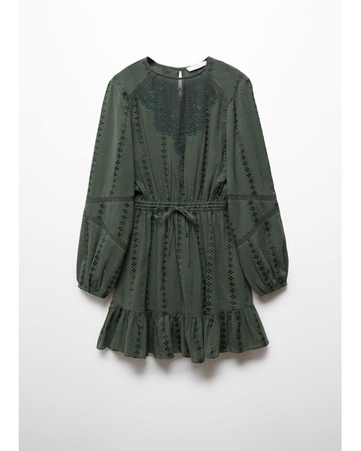 Mango Green Puff-sleeved Embroidered Dress