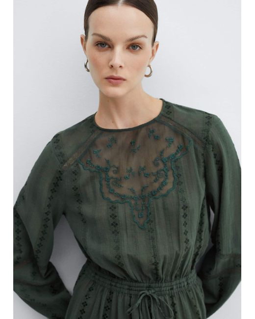 Mango Green Puff-sleeved Embroidered Dress