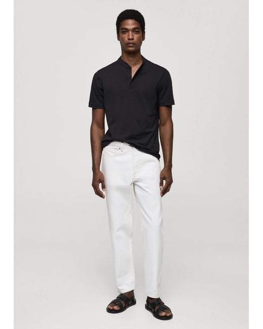 Mango White Cotton Pique Polo Shirt, Mao Collar Dark for men