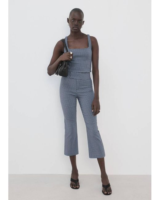 Mango Blue Gingham-Check Cropped Trousers