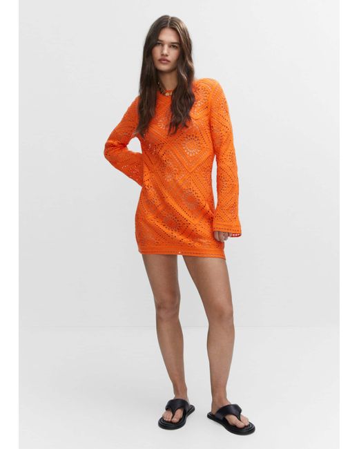 Mango Orange Flared-sleeve Openwork Dress