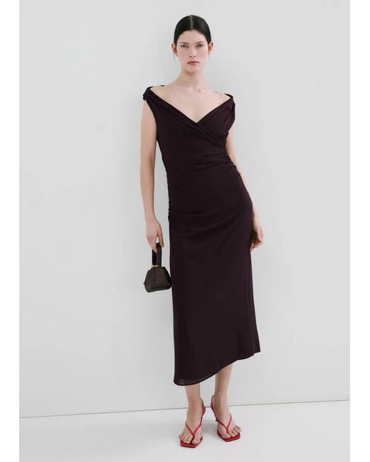 Mango Brown Ruched Dress With Crossover Neckline