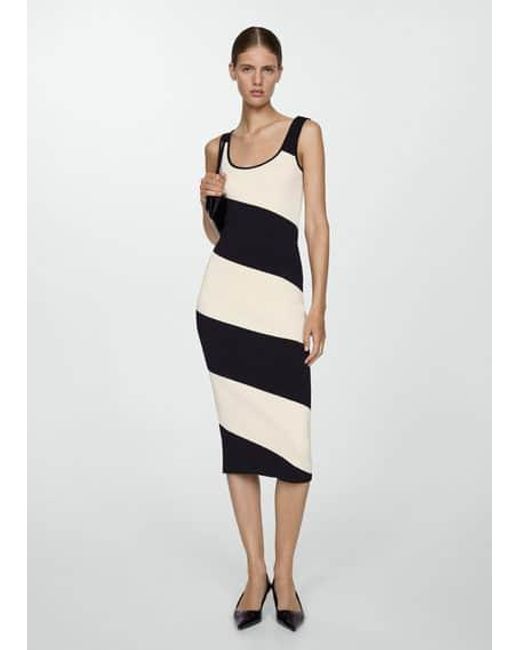 Mango White Striped Knit Midi Dress