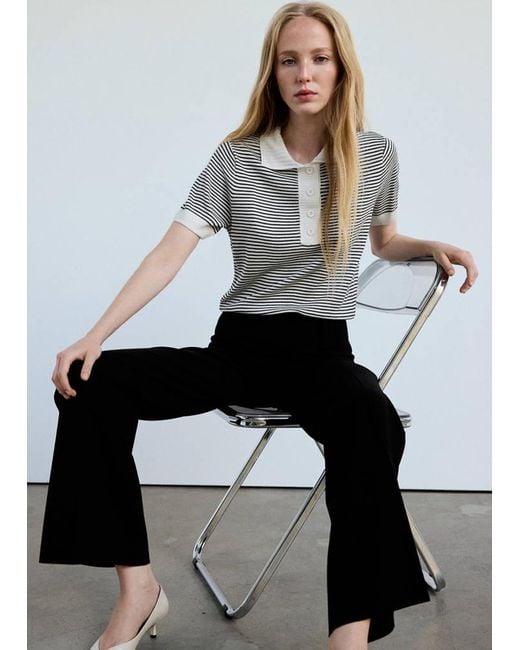 Mango Gray Striped Fine-Knit Polo Shirt