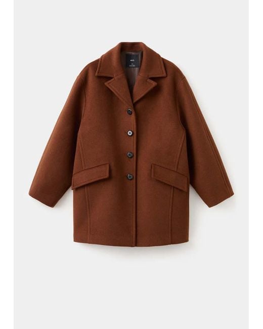 Mango Brown Wool-Blend Coat With Button Fastening