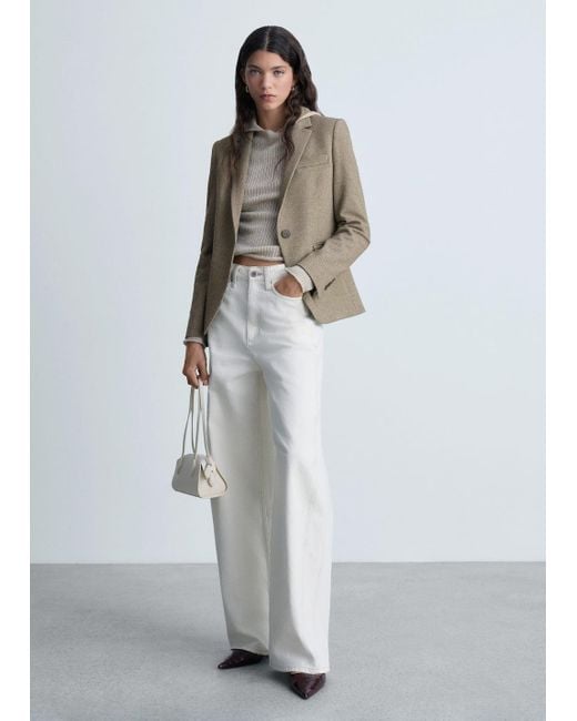 Mango White Micro-Houndstooth Tailored Jacket