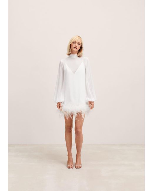 Mango Natural Puffed Sleeve Feather Detail Dress