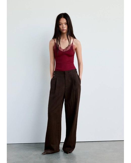 Mango Red Ribbed Lace Top