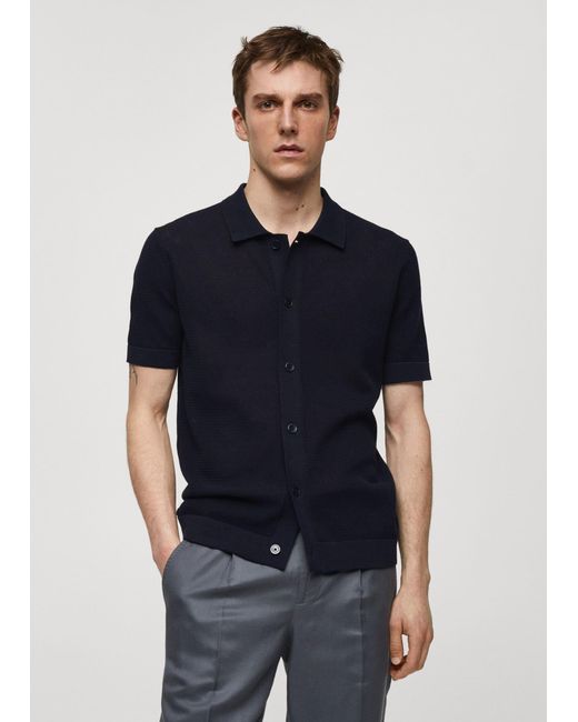 Mango Blue Knitted Polo Shirt With Buttons Dark for men