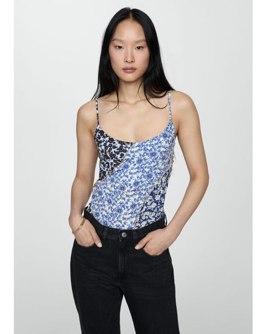 Mango Blue Printed Top With Contrast Stitching