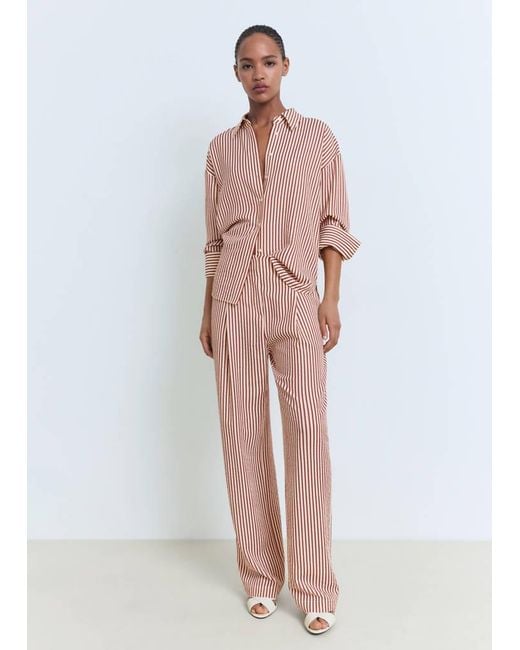 Mango White Pleated Striped Trousers