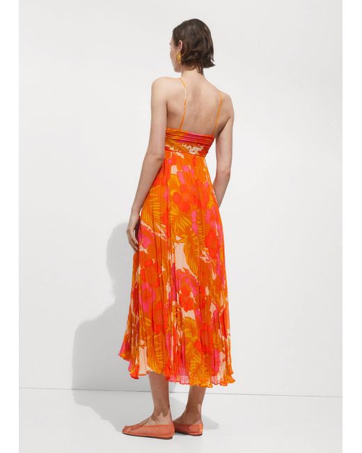 Mango Orange Printed Dress With Draped Detail