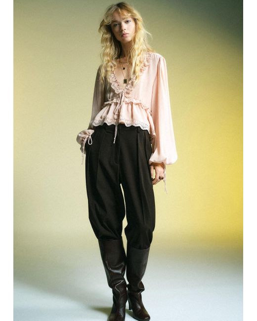 Mango Yellow V-Neck Blouse With Lace Trim
