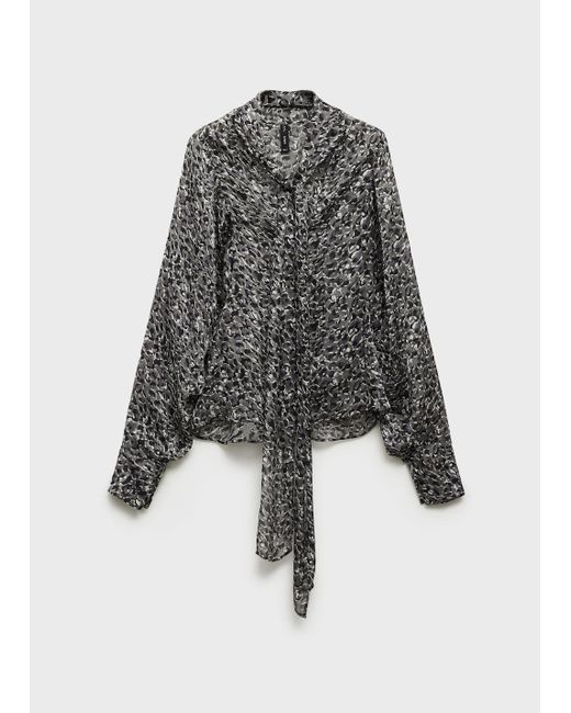 Mango Blue Leopard-Print Blouse With Collar And Bow
