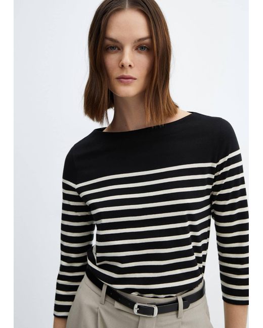 Mango Black Striped Boat-neck T-shirt