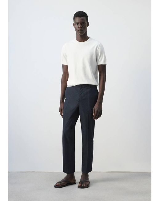 Mango White Slim Fit Cropped Cotton Blend Trousers for men