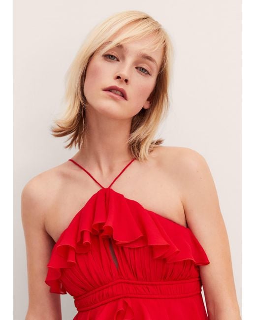 Mango Red Halter-neck Dress With Ruffle Detail