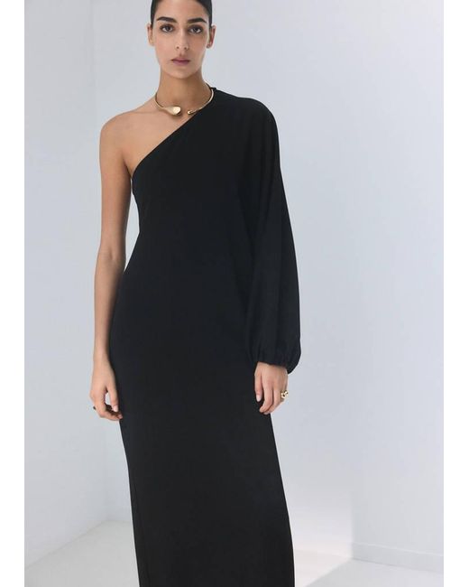 Mango Black Collared Dress With Puff Sleeves